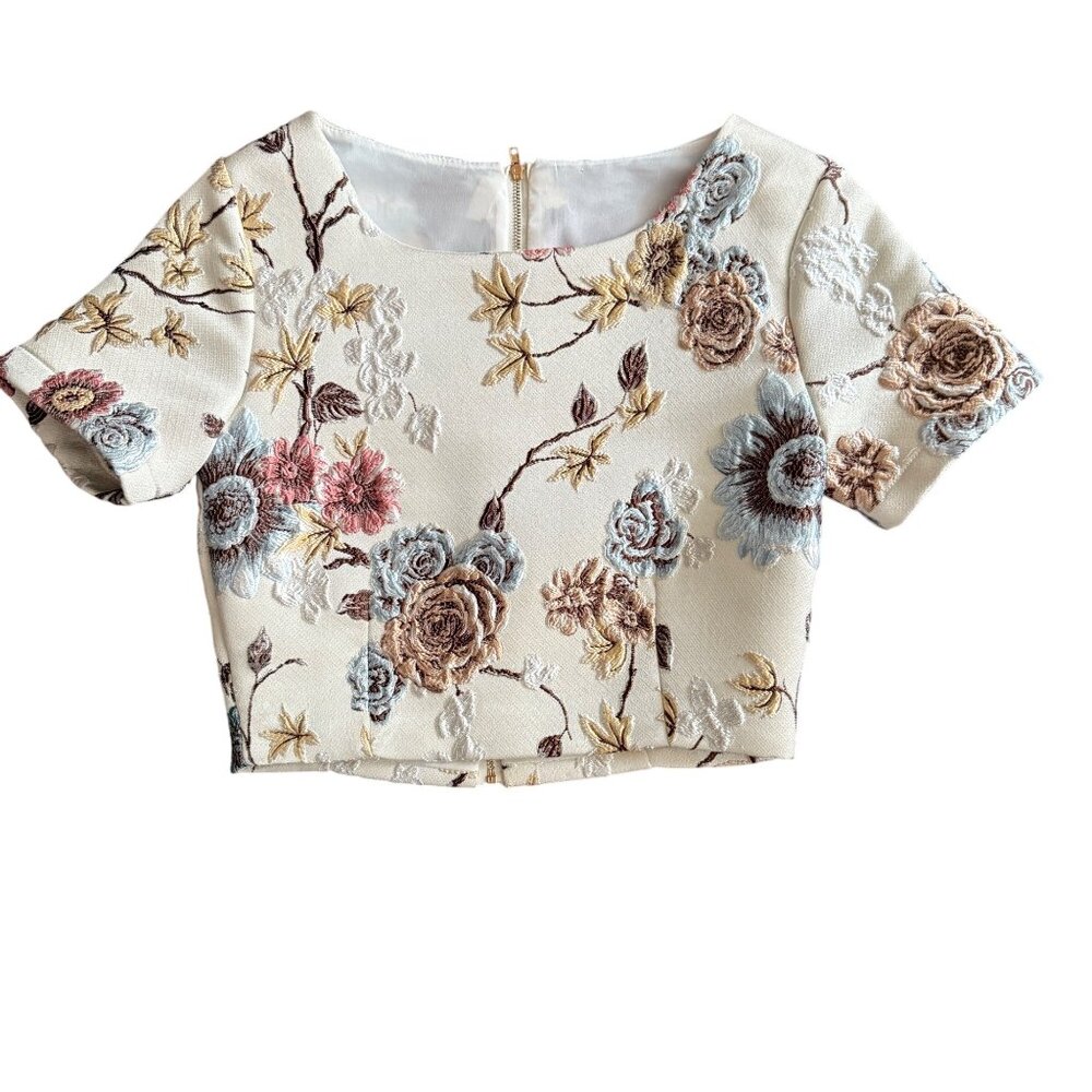 Floral Embroidered Short-Sleeve Cropped Top With Back Zipper Closure - Elegant D